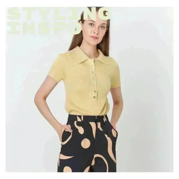 Vintage | Striped 70s Wide Collar Polo - Goldenrod & White / Sz M - Picture 9 of 9